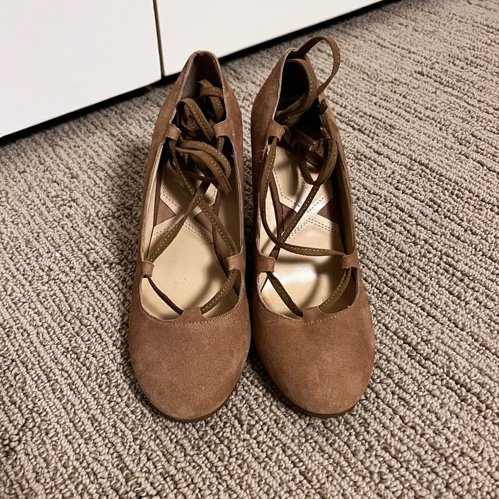 Adrienne Vittadini lace up wedge heels in beige suede